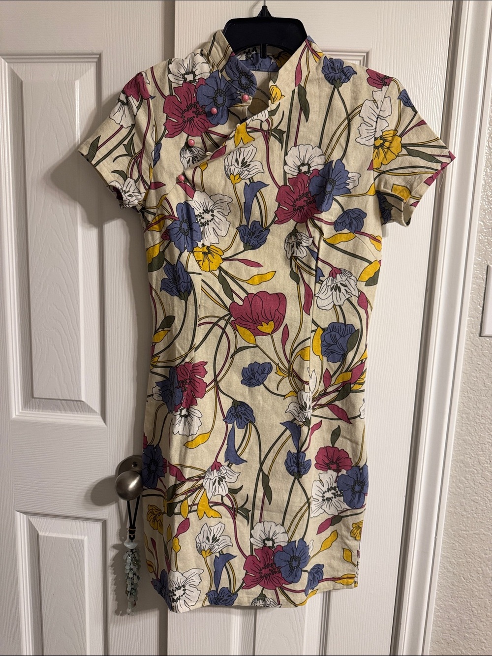 Floral Print Cream Short Sleeve oriantal Sheath linen Dress